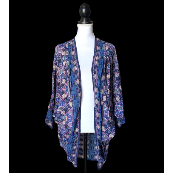 Feathers by Tolani Blue Open Front Art to Wear Long Cocoon Kimono Boho Geometric - Picture 1 of 7